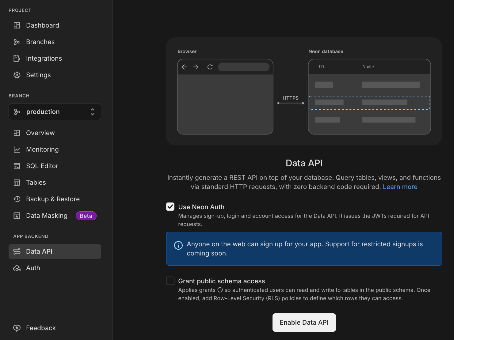Data API page with enable button